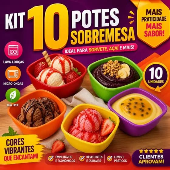 Kit 10 Potes Sobremesa 250ml Tigela Plástica Colorida Ideal para Açaí e Sorvete BPA Free