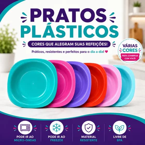 KIT Prato Plástico Fundo Colorido Reutilizável para Refeição Merenda Microondas 5/10/15/20 Unidades