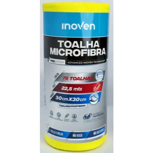 Toalha de Microfibra Amarela em Rolo 75 Folhas 30x30cm Inoven Lavável Multiuso