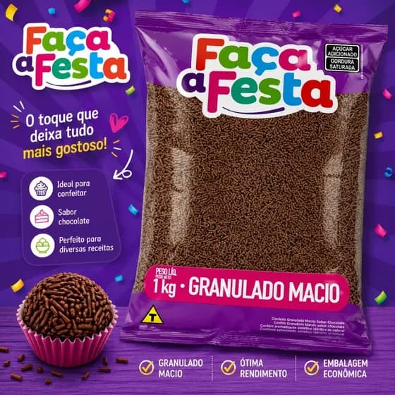 Confeito Granulado Macio Sabor Chocolate 1kg Faça a Festa