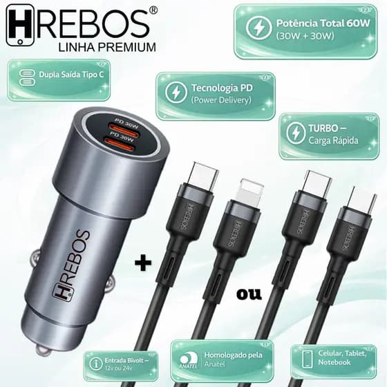 Carregador Veicular Turbo 60w Duplo Tipo C iPhone Samsung Notebook Tablet