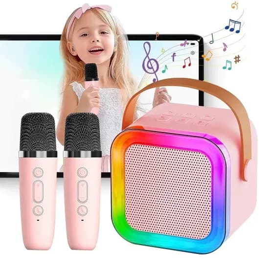 Microfone Infatil Alto-falante Bluetooth Karaoke COM 2 Microfones K12/2 Presente