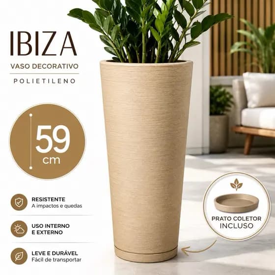 Vaso para Plantas Coluna Ibiza Escovada P 59 cm Com Prato Coletor
