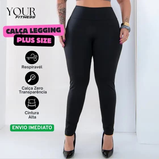 Calça legging Feminina Plus Size Cintura Alta Zero Transparência Suplex Grosso Confortável G1 ao G3