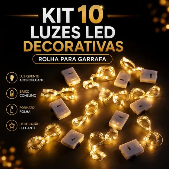 Kit 10 Cordões de Luz LED Decorativa Garrafa 2 Metros Luz Quente Decoração Festa Fios de Fada