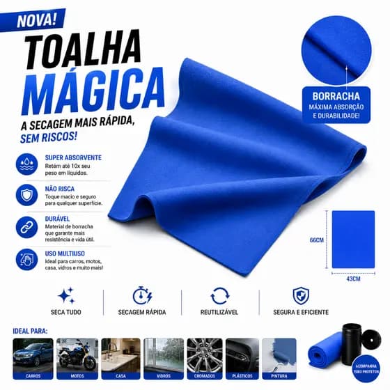 Toalha Mágica Super Absorção Seca Tudo 66x43cm Seca Água