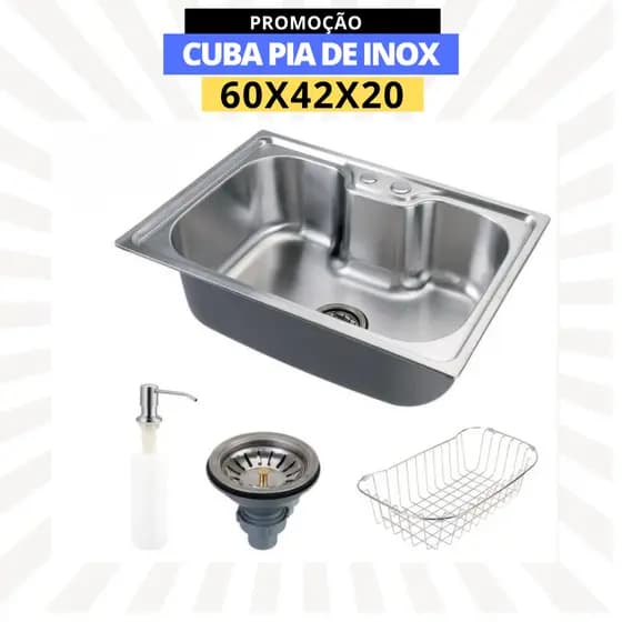 Cuba 60x42x20 para pia Cozinha Gourmet Luxo com Acessórios de brinde Aço Inox 304