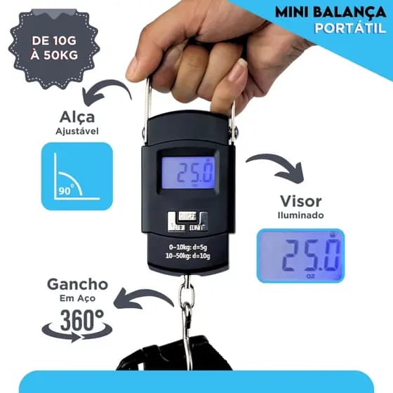 Balança Portátil Digital De Mão Gancho Para Bolsa, Mala, Peixe Até 50kg