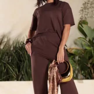 Conjunto Feminino de Moletinho Premium Calça Pantalona Blusa Mullet Manga Curta Moda Blogueira