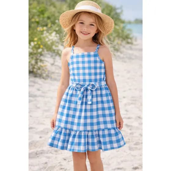 Vestido Infantil com Alça Estampa Xadrez Babado na barra e faixa para Amarração na Cintura
