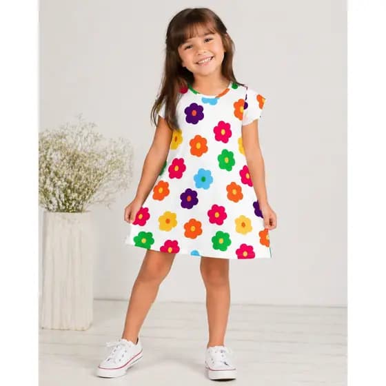 Vestido Infantil Menina Manga Curta Borboleta Estampa Floral Branco Decote Redondo