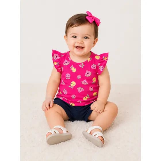 Conjunto Infantil Bebê Menina Blusa Modal Estampa Full Print Frutinhas e Shorts Moletinho Zupa Zuka