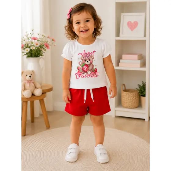 Conjunto Infantil Blusa Malha Mangas Princesa com Estampa e Bermuda Moletinho Clochard Com Cadarço