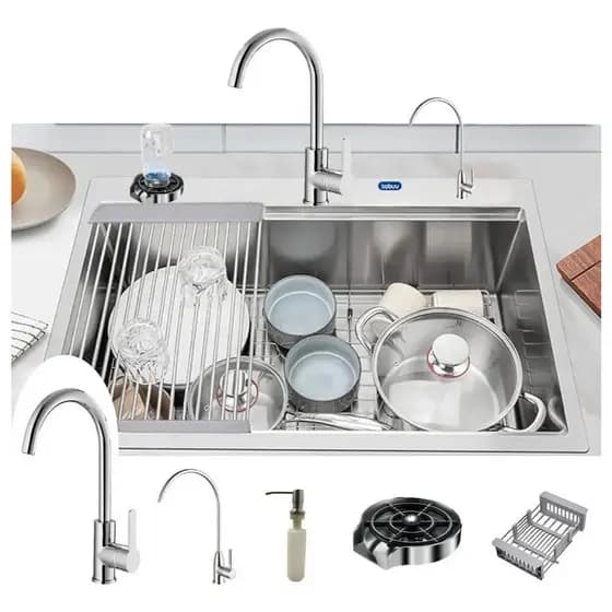 Kit Cuba Cozinha Gourmet Aço Inox Com Acessórios e Torneiras 60x45 Premium Prata Preto