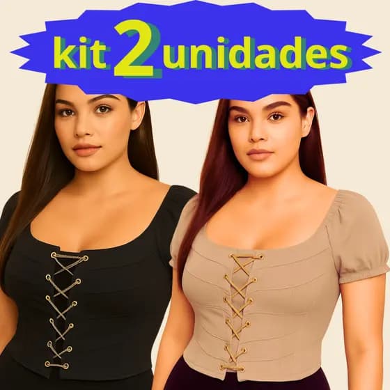 Kit 2 Peças Blusa feminina cropped manga curta com bojo e correntinha