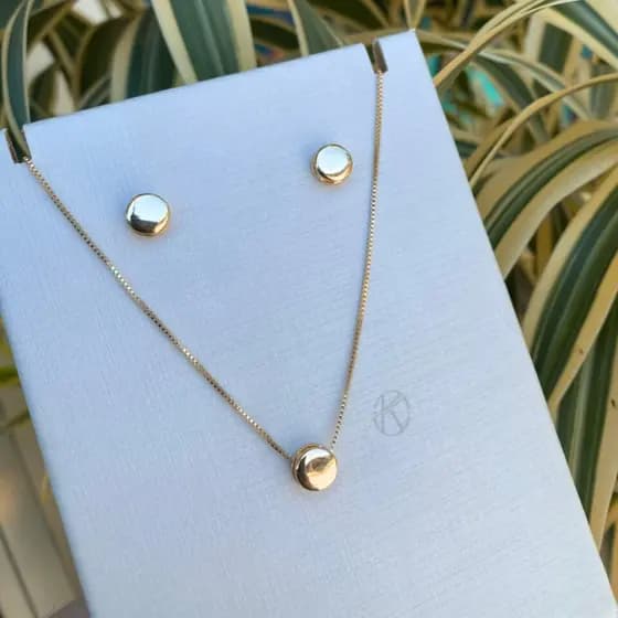 Conjunto Colar Corrente e Brincos Redondo Liso Feminino Semijóia Banhado em Ouro 18k ou Prata 925