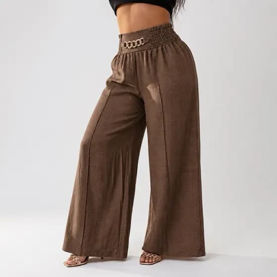 Pantalona Feminina Linho – Cintura Alta com Corrente Decorativa, Cinto Fake e Bolsos Laterais