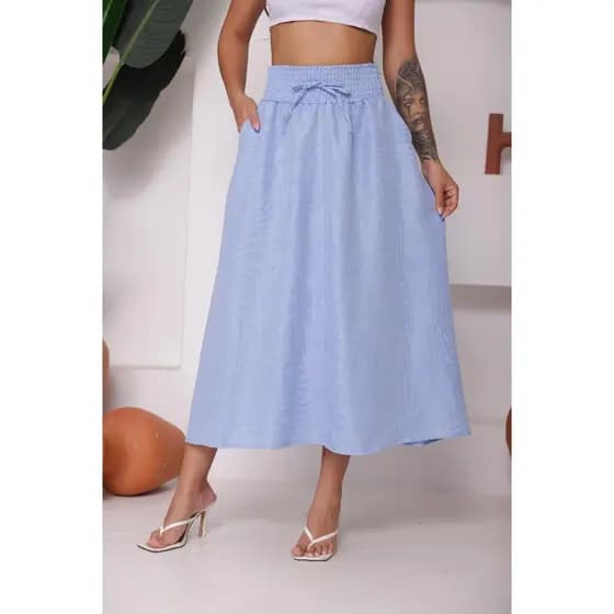 Saia Femenina longo linho Com Bolsos e cintura com Elástico Moda Casual