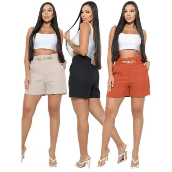 Kit 3 Shorts Feminino Elegante Linho Cintura Alta com Corrente Moda Casual Social