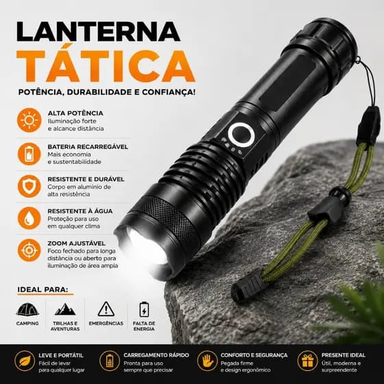 Lanterna Tática Militar LED P50 T9 Super Potente Recarregável USB Zoom Longo Alcance Resistente Camping Segurança