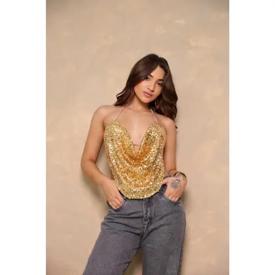 Cropped Paete Coração Com Bojo Brilho Amarração Moda Festas Balada