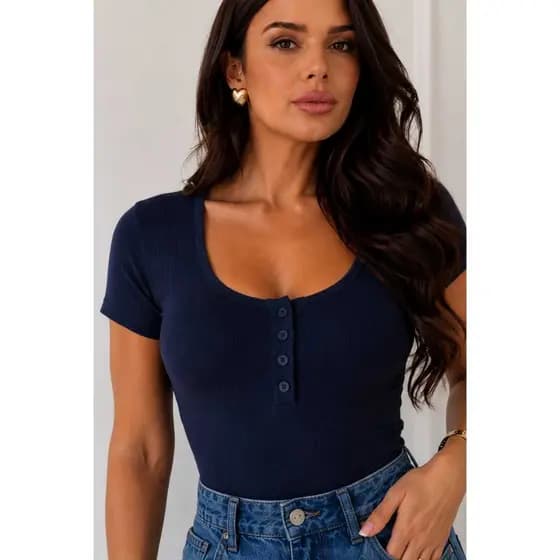 Blusa Feminina Básica Decote Redondo Botões Blusinha Suéter Casual Trabalho Dia a Dia