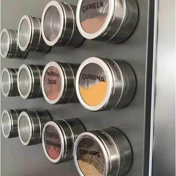 Kit Porta Temperos Imã de Geladeira Inox Porta Condimento em Inox Tampa Transparente em Acrilico
