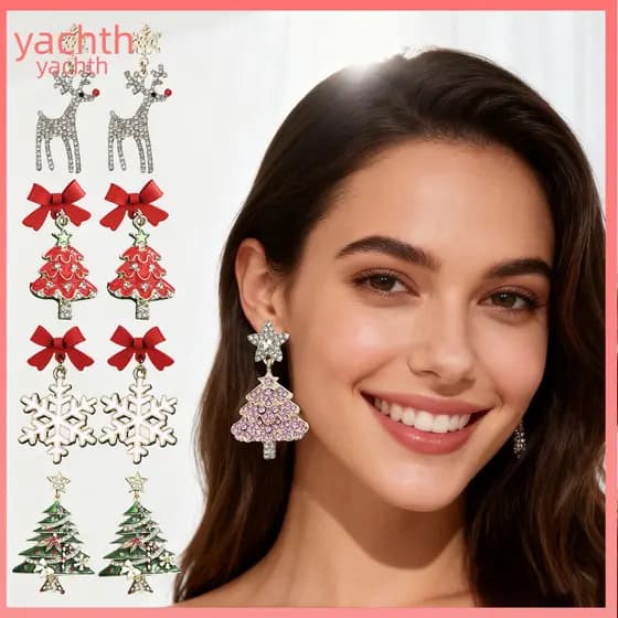 Yachth 1 Par De Brincos De Natal , Veado , Floco De Neve , Design De Árvore Gancho , Strass Brilhantes Festa