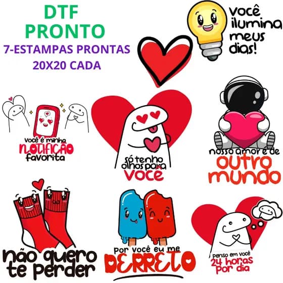 DTF Impressão Pronta Estampa Para Camisetas Dia Dos Namorados 20x20 7 Unidades Premium Envio Rapido