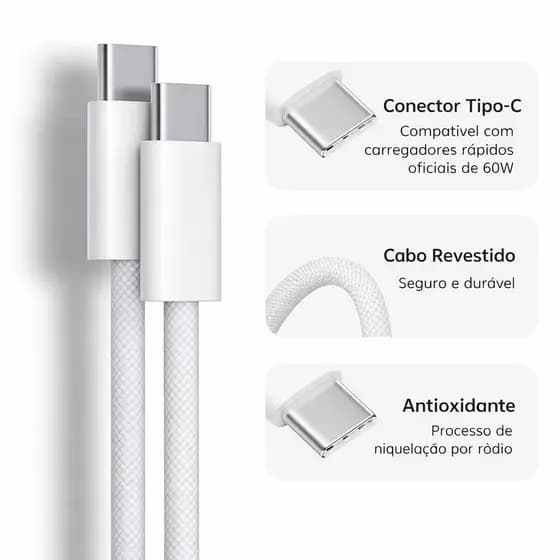 Cabo USB-C para iPhone 15 / 16 / 17 Carregamento Rápido Tipo-C Reforçado