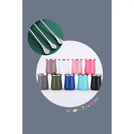 COPO CUIA TEMICA DE INOX PARA TERERE, CHIMARRÃO ENTRE OUTRAS BEBIDAS, PAREDE DUPLA 240ML, COM BOMBA/CANUDO,240ml