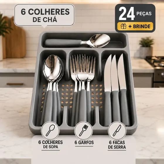 Jogo 24 Peças Completo de Talheres Inox com Suporte para Organizar Gaveta