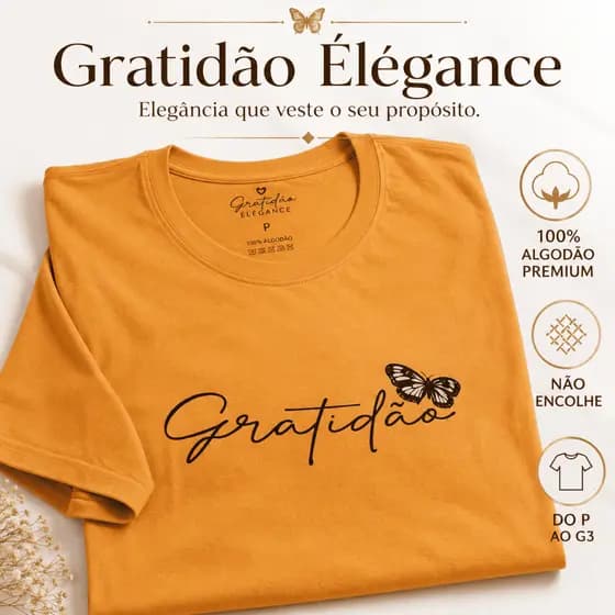 Camiseta Feminina Gratidão Élégance 100% Algodão Premium Fio 30.1