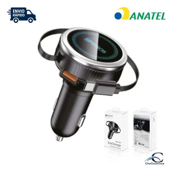 Carregador Veicular Hrebos com cabo Tipo-C Retrátil Acoplado Carregamento Rápido Até 30W CRV-333