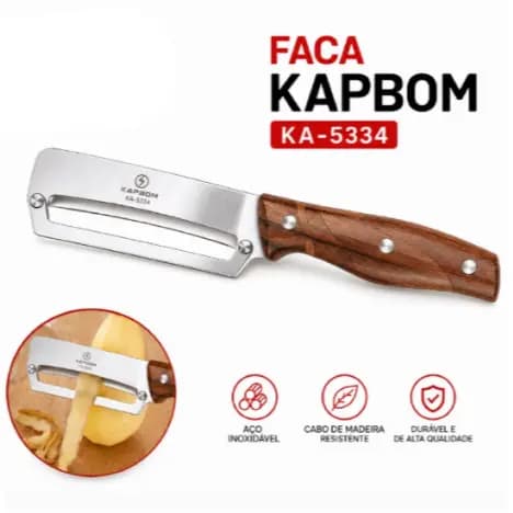 Faca Descascador de Legumes e Frutas em Aço Inox com Cabo de Madeira 2 em 1 Multifuncional Cozinha