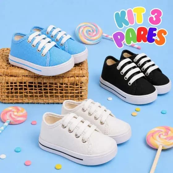 Kit 3 Pares Tênis Infantil Menino Menina Básico Casual Dia a Dia Escolar Confortável Primeiros Passos