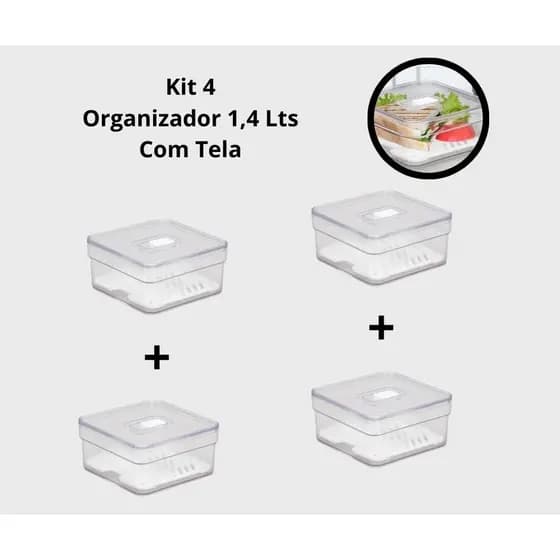 Kit 1,2 ou 4 Organizadores De Geladeira 1,4 Litros Com Tela - Plastutti
