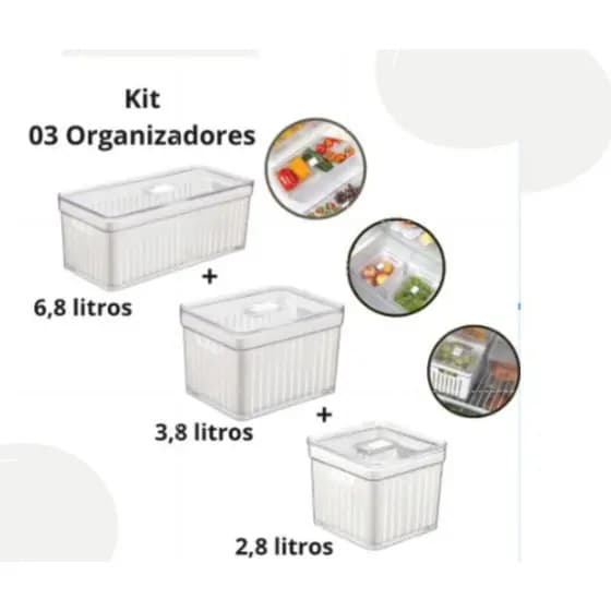 Kit 3 Organizadores de Geladeira 6,8 + 3,8 + 2,8 Litros Com Cesto - Plastutti