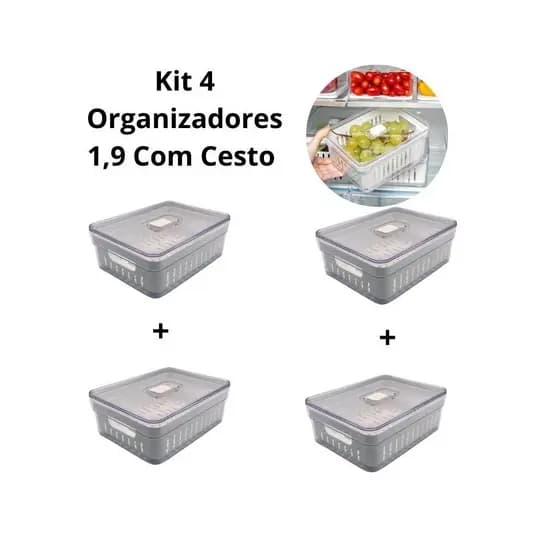 Kit 4 Organizadores De Geladeira 1,9 Litros Com Cesto - Plastutti