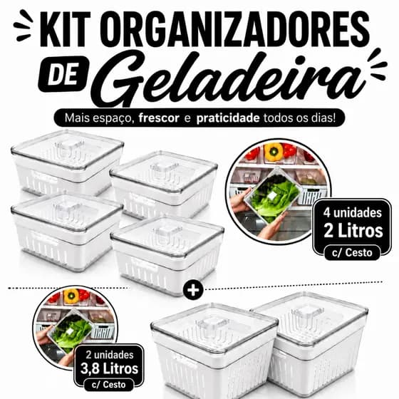 Kit 06 Organizadores de Geladeira com Tampas e Cesto de Drenagem em Polipropileno