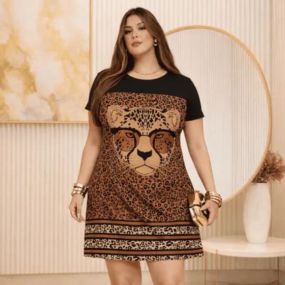Vestido Gola Tubinho Plus Size de Manga Estampado Animal Print Onça