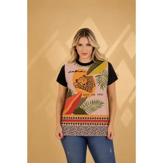 Blusa Tecido Leve Manga Curta Estampada Soltinha Confortável Plus Size Costas Pretas