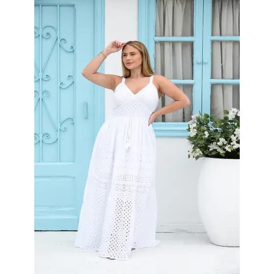 Vestido Longo Feminina Branco em Laise com Alças Elegante