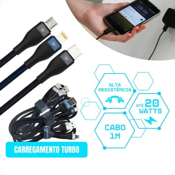 Cabo Carregador Rápido 1 Metro 5A Lightning Tipo-C Micro USB V8 Super Reforçado Nylon Turbo KIMASTER