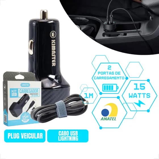 Carregador Veicular 15W Turbo 5A Cabo 1M USB/USB-C + Cabo Lightning Tipo-C Celular Kimaster Anatel