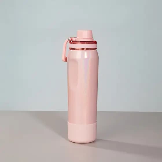 Garrafa Térmica 650ml Aço Inox Rosa Salmão Holográfico Personalizada Academia Bebida Gelada Quente