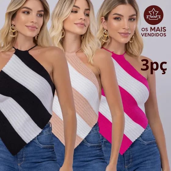 Kit 3 Cropped Feminino Top Lenço Listrado Cropped Feminino Modal