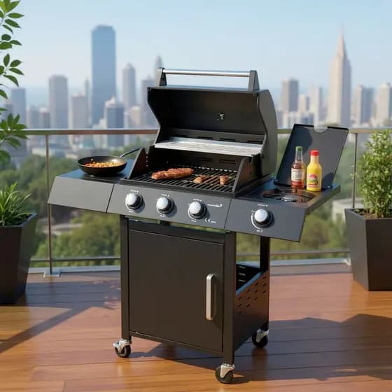 Churrasqueira A Gás Gourmet 3 Queimadores + Fogão Lateral Estilo Americana Portátil Bafo Termometro