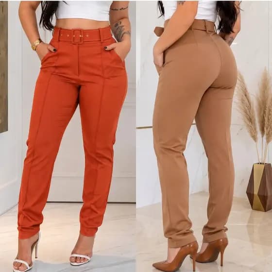 Calça Feminina Alfaiataria Social Cintura Alta com Zíper Frontal, Cinto e Bolsos