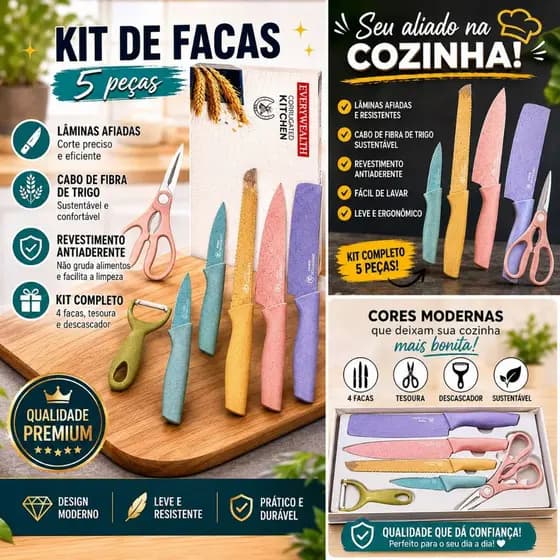 Kit Facas Profissional 5 Peças Aço Inox com Tesoura e Descascador para Cozinha